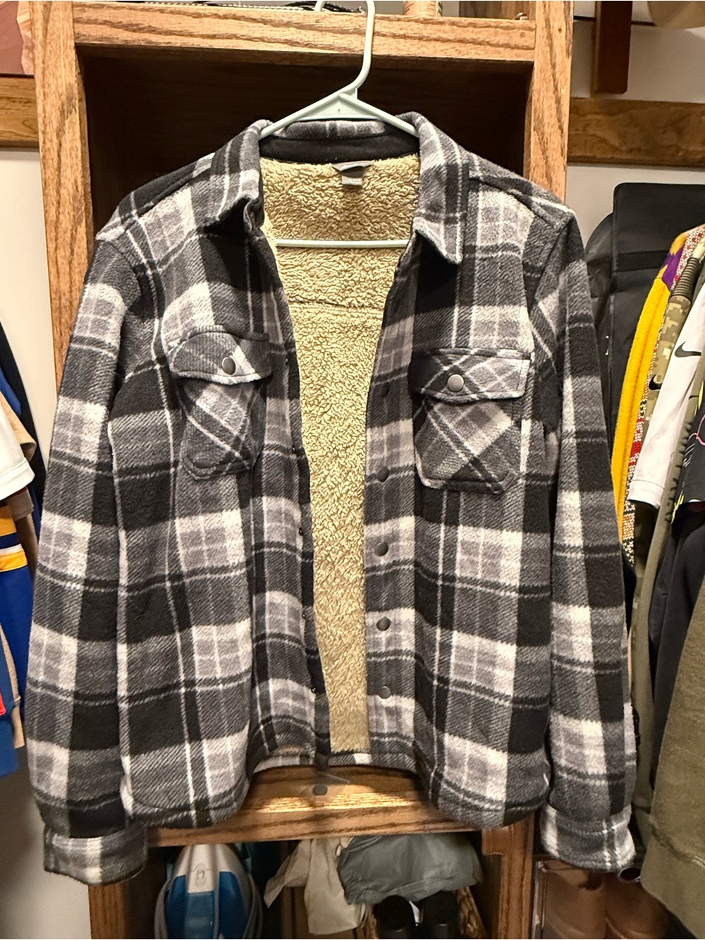 Eddie Bauer Black & Gray Plaid Sherpa-Lined Shirt Jacket